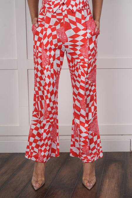 Buy_Nassh_Red Linen V-neck Zig-zag Print Waistcoat With Bell Bottom Pant_Online_at_Aza_Fashions