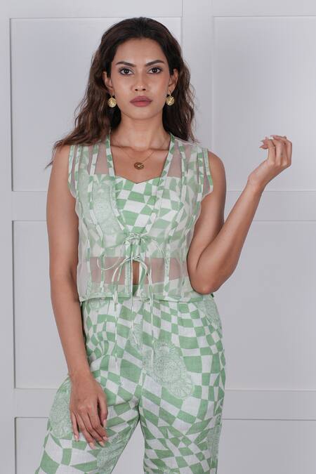 Nassh_Green Linen Sweetheart , Open Sheer Jacket Printed Pant Set_Online_at_Aza_Fashions