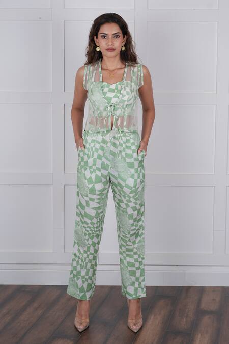 Shop_Nassh_Green Linen Sweetheart , Open Sheer Jacket Printed Pant Set_Online_at_Aza_Fashions