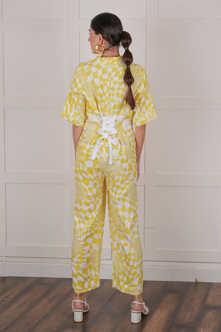 Shop Nassh Yellow Linen Mandarin Collar Zig-zag Print Jumpsuit at Aza Fashions Shop_Nassh_Yellow Linen Mandarin Collar Zig-zag Print Jumpsuit_at_Aza_Fashions
