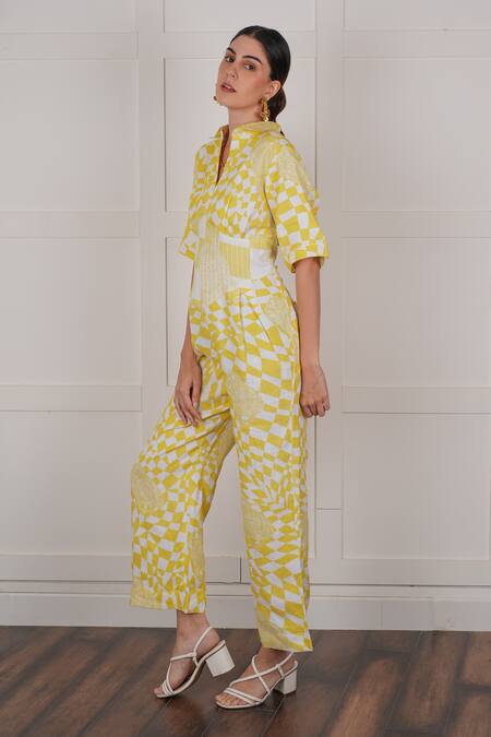 Nassh Yellow Linen Mandarin Collar Zig-zag Print Jumpsuit Online at Aza Fashions Nassh_Yellow Linen Mandarin Collar Zig-zag Print Jumpsuit_Online_at_Aza_Fashions