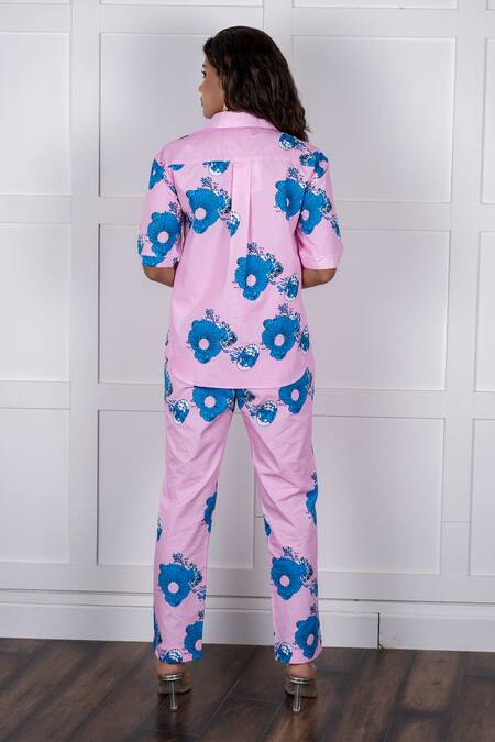 Shop Nassh Pink Cotton Embroidery Collared Floral Print Shirt With Pant at Aza Fashions Shop_Nassh_Pink Cotton Embroidery Collared Floral Print Shirt With Pant_at_Aza_Fashions