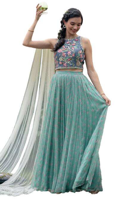 Summer By Priyanka Gupta Green Chanderi, Georgette, Lurex Magic Floral Chambray Top And Skirt Set Online at Aza Fashions Summer By Priyanka Gupta_Green Chanderi, Georgette, Lurex Magic Floral Chambray Top And Skirt Set_Online_at_Aza_Fashions