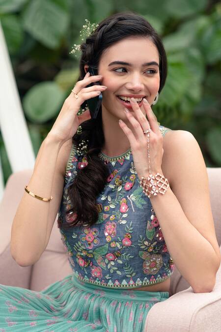 Buy Summer By Priyanka Gupta Green Chanderi, Georgette, Lurex Magic Floral Chambray Top And Skirt Set Online at Aza Fashions Buy_Summer By Priyanka Gupta_Green Chanderi, Georgette, Lurex Magic Floral Chambray Top And Skirt Set_Online_at_Aza_Fashions