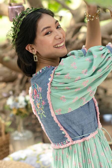 Buy_Summer By Priyanka Gupta_Green Cotton, Lurex Embroidery, Tassels Round Neck Gypsy Cube Dress_Online_at_Aza_Fashions