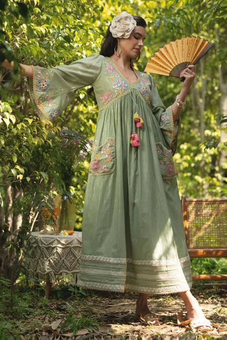 Shop Summer By Priyanka Gupta Green Cotton, Lurex Embroidery, Tassels V-neck Gypsy Mirror Dress at Aza Fashions Shop_Summer By Priyanka Gupta_Green Cotton, Lurex Embroidery, Tassels V-neck Gypsy Mirror Dress_at_Aza_Fashions
