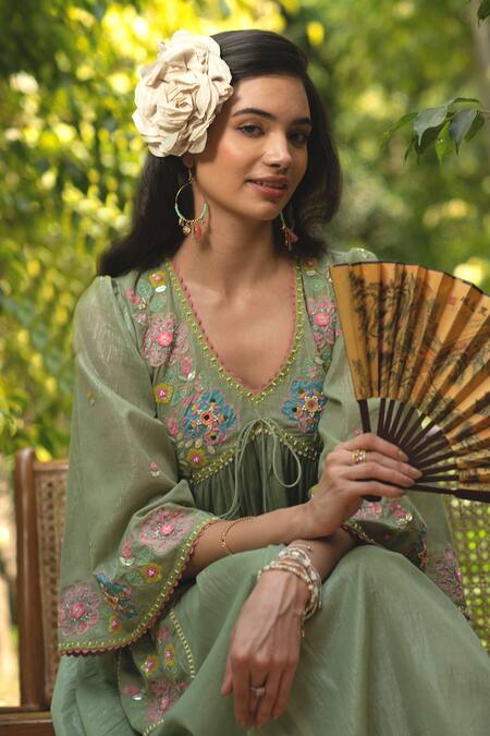 Shop Summer By Priyanka Gupta Green Cotton, Lurex Embroidery, Tassels V-neck Gypsy Mirror Dress Online at Aza Fashions Shop_Summer By Priyanka Gupta_Green Cotton, Lurex Embroidery, Tassels V-neck Gypsy Mirror Dress_Online_at_Aza_Fashions