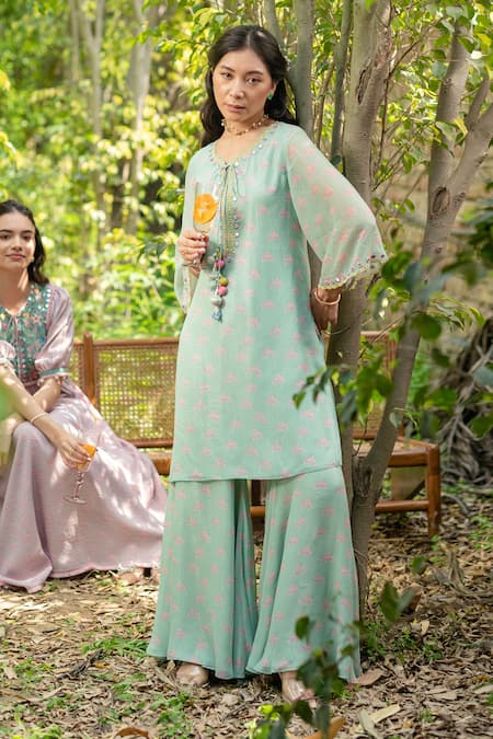 SUMMER BY PRIYANKA GUPTA Green Georgette Lurex Embroidered Mirror Rainbow Tunic And Flared Pant Co-ord Set