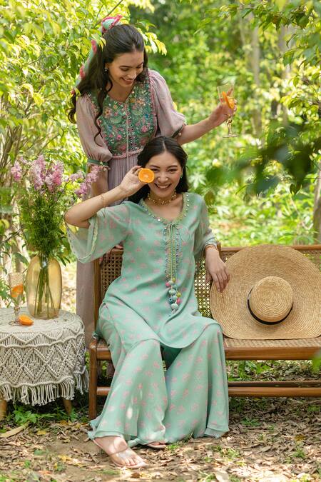 Summer By Priyanka Gupta_Green Georgette, Lurex Pom-poms, Rainbow Tunic And Flared Pant Co-ord Set_Online_at_Aza_Fashions