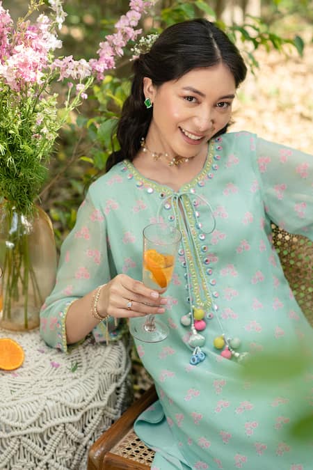 Buy_Summer By Priyanka Gupta_Green Georgette, Lurex Pom-poms, Rainbow Tunic And Flared Pant Co-ord Set_Online_at_Aza_Fashions