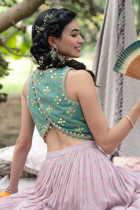 Shop Summer By Priyanka Gupta Green Georgette Embroidery V-neck Magic Blouse And Skirt Set at Aza Fashions Shop_Summer By Priyanka Gupta_Green Georgette Embroidery V-neck Magic Blouse And Skirt Set_at_Aza_Fashions