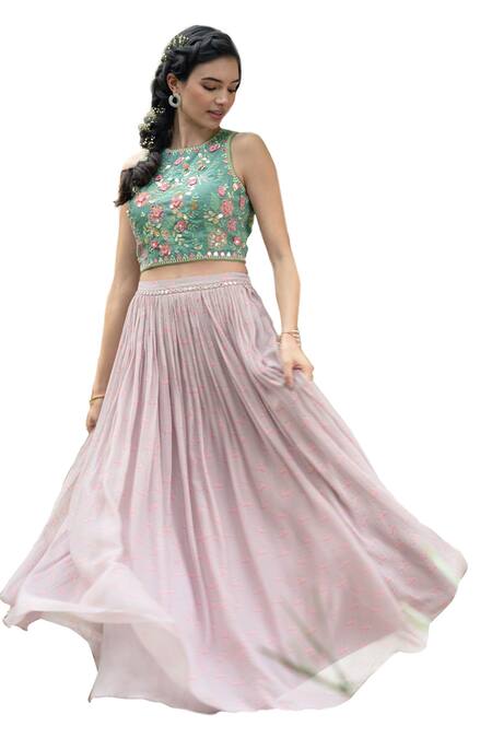 Summer By Priyanka Gupta Green Georgette Embroidery V-neck Magic Blouse And Skirt Set Online at Aza Fashions Summer By Priyanka Gupta_Green Georgette Embroidery V-neck Magic Blouse And Skirt Set_Online_at_Aza_Fashions