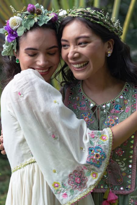 Buy_Summer By Priyanka Gupta_Ivory Cotton, Lurex Embroidery V-neck Gypsy Pocket Dress_Online_at_Aza_Fashions