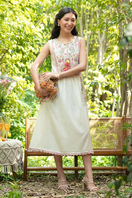 SUMMER BY PRIYANKA GUPTA Ivory Cotton Lurex Embroidered Mirror Round Magic And Brocade Midi Dress