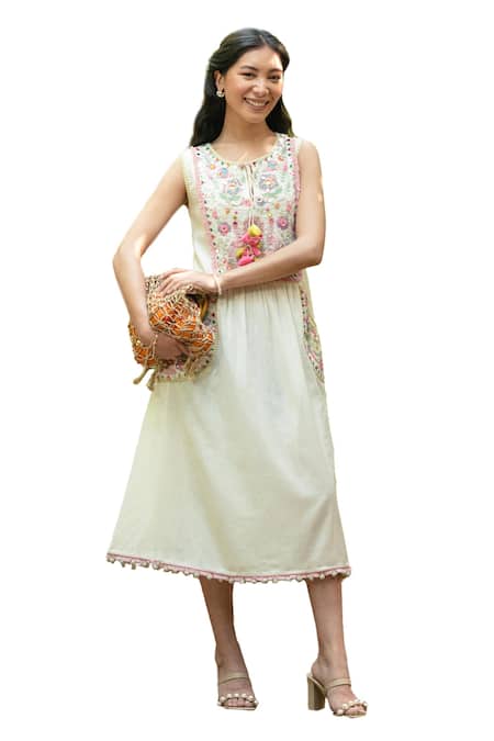 Summer By Priyanka Gupta_Ivory Cotton, Lurex Embroidery, Mirrors Round Neck Magic And Brocade Midi Dress_Online_at_Aza_Fashions