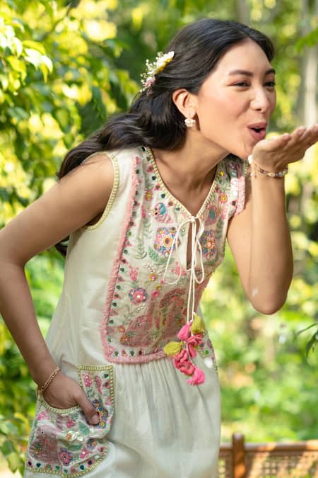 Buy_Summer By Priyanka Gupta_Ivory Cotton, Lurex Embroidery, Mirrors Round Neck Magic And Brocade Midi Dress_Online_at_Aza_Fashions