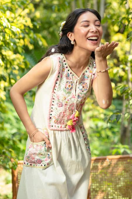 Shop_Summer By Priyanka Gupta_Ivory Cotton, Lurex Embroidery, Mirrors Round Neck Magic And Brocade Midi Dress_Online_at_Aza_Fashions