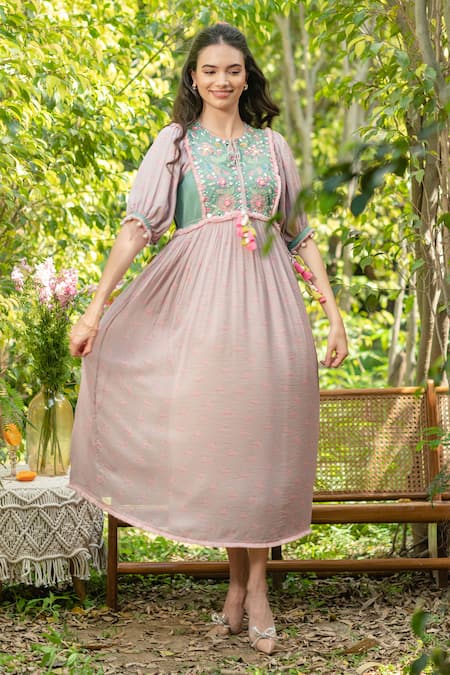 SUMMER BY PRIYANKA GUPTA Pink Cotton Lurex Embroidered Mirror Round Gypsy Cube Dress 