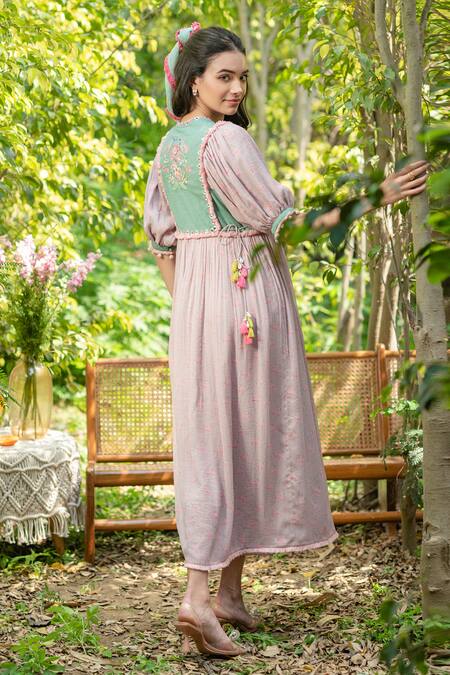 SUMMER BY PRIYANKA GUPTA Pink Cotton Lurex Embroidered Mirror Round Gypsy Cube Dress  2