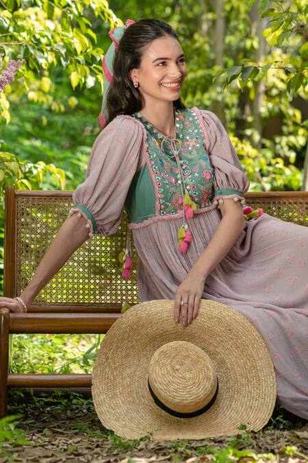 SUMMER BY PRIYANKA GUPTA Pink Cotton Lurex Embroidered Mirror Round Gypsy Cube Dress  3