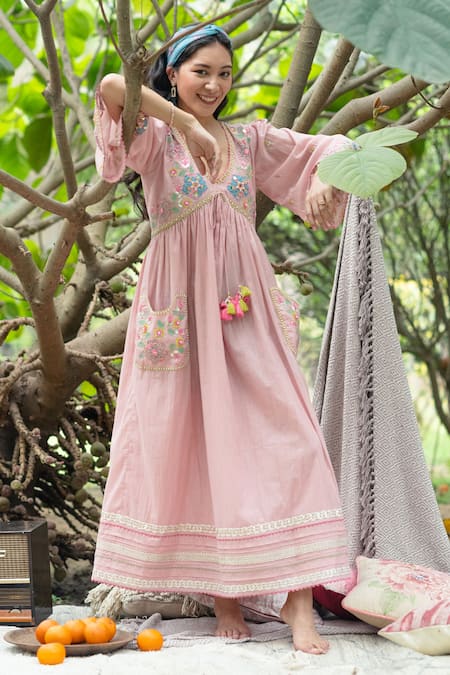 SUMMER BY PRIYANKA GUPTA Pink Cotton Lurex Embroidered Mirror V Neck Gypsy Floral Brocade And Work Dress