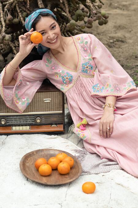 Summer By Priyanka Gupta_Pink Cotton, Lurex Embroidery, Mirrors V-neck Gypsy Floral Brocade And Work Dress_Online_at_Aza_Fashions