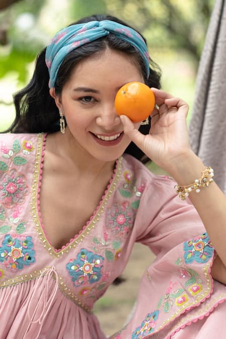 Buy_Summer By Priyanka Gupta_Pink Cotton, Lurex Embroidery, Mirrors V-neck Gypsy Floral Brocade And Work Dress_Online_at_Aza_Fashions