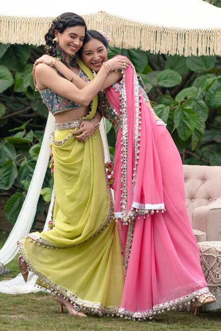 Shop Summer By Priyanka Gupta Pink Chiffon, Cotton Embroidery, Mirrors, Sequins Round Neck Border Saree Set at Aza Fashions Shop_Summer By Priyanka Gupta_Pink Chiffon, Cotton Embroidery, Mirrors, Sequins Round Neck Border Saree Set_at_Aza_Fashions