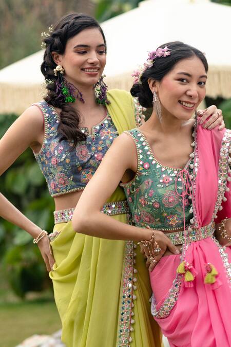 Summer By Priyanka Gupta Pink Chiffon, Cotton Embroidery, Mirrors, Sequins Round Neck Border Saree Set Online at Aza Fashions Summer By Priyanka Gupta_Pink Chiffon, Cotton Embroidery, Mirrors, Sequins Round Neck Border Saree Set_Online_at_Aza_Fashions