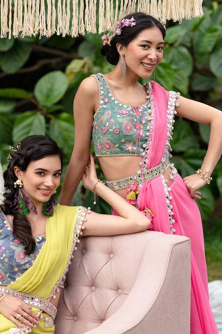 Buy Summer By Priyanka Gupta Pink Chiffon, Cotton Embroidery, Mirrors, Sequins Round Neck Border Saree Set Online at Aza Fashions Buy_Summer By Priyanka Gupta_Pink Chiffon, Cotton Embroidery, Mirrors, Sequins Round Neck Border Saree Set_Online_at_Aza_Fashions