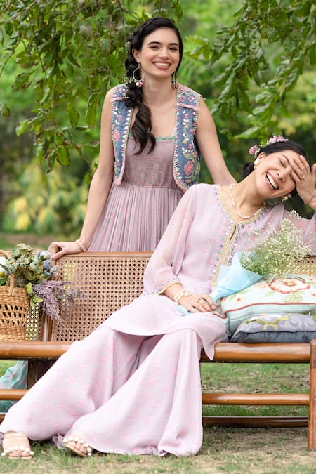 Summer By Priyanka Gupta_Pink Georgette, Lurex Mirrors, Tassels, Rainbow Tunic And Flared Pant Co-ord Set_Online_at_Aza_Fashions