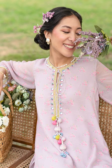 Buy_Summer By Priyanka Gupta_Pink Georgette, Lurex Mirrors, Tassels, Rainbow Tunic And Flared Pant Co-ord Set_Online_at_Aza_Fashions