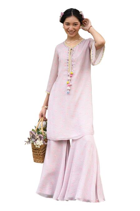 Shop_Summer By Priyanka Gupta_Pink Georgette, Lurex Mirrors, Tassels, Rainbow Tunic And Flared Pant Co-ord Set_Online_at_Aza_Fashions