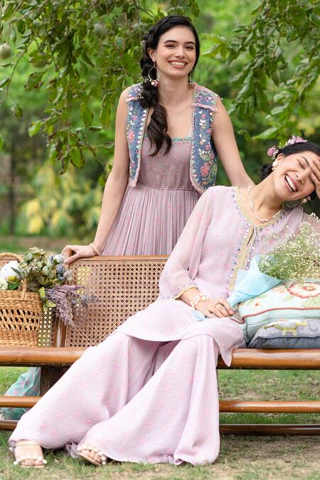 Summer By Priyanka Gupta_Pink Georgette, Lurex Beads, Mirrors Rainbow Embroidered Maxi Dress With Vest_Online_at_Aza_Fashions