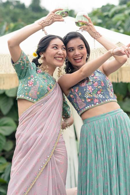 Summer By Priyanka Gupta_Pink Georgette, Lurex, Cotton Rainbow Embroidered Border Saree With Blouse_Online_at_Aza_Fashions