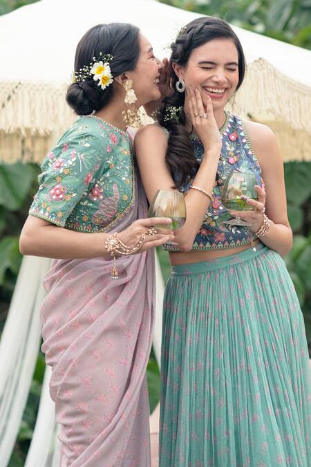 Buy_Summer By Priyanka Gupta_Pink Georgette, Lurex, Cotton Rainbow Embroidered Border Saree With Blouse_Online_at_Aza_Fashions