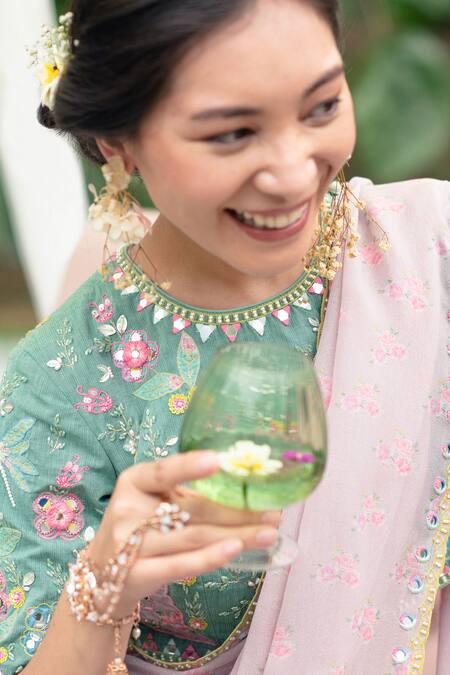 Shop_Summer By Priyanka Gupta_Pink Georgette, Lurex, Cotton Rainbow Embroidered Border Saree With Blouse_Online_at_Aza_Fashions