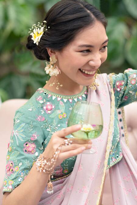 Summer By Priyanka Gupta_Pink Georgette, Lurex, Cotton Rainbow Embroidered Border Saree With Blouse_at_Aza_Fashions