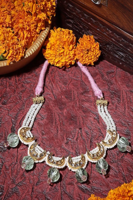 Dugran By Dugristyle_Pink Crescent Moon Cutwork Embellished Necklace _Online_at_Aza_Fashions