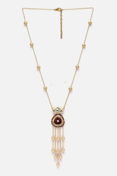 Buy_Dugran By Dugristyle_Red Pearl Drop Embellished Necklace _Online_at_Aza_Fashions