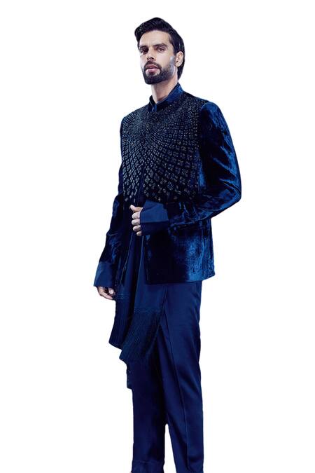 Rohit Gandhi + Rahul Khanna_Blue Crepe Embroidery Crystal Astragal Geometric Bandhgala _Online_at_Aza_Fashions