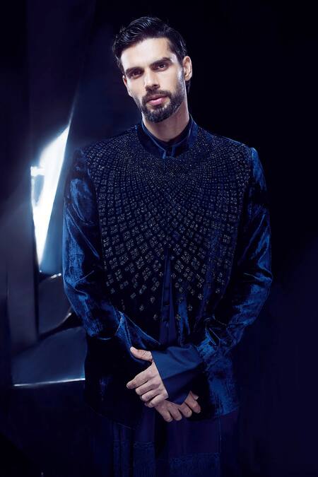 Buy_Rohit Gandhi + Rahul Khanna_Blue Crepe Embroidery Crystal Astragal Geometric Bandhgala _Online_at_Aza_Fashions