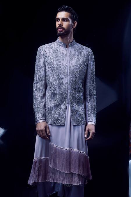 Buy_Rohit Gandhi + Rahul Khanna_Silver Silk Matka Embroidery Bead Crystal Bandhgala Set _Online_at_Aza_Fashions