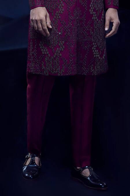 Rohit Gandhi + Rahul Khanna_Wine Viscose Dupion Embroidery Bead Metallic Sherwani Set _Online_at_Aza_Fashions
