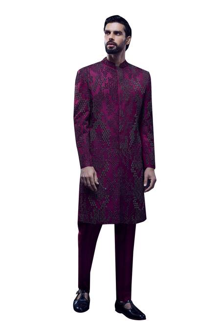 Buy_Rohit Gandhi + Rahul Khanna_Wine Viscose Dupion Embroidery Bead Metallic Sherwani Set _Online_at_Aza_Fashions