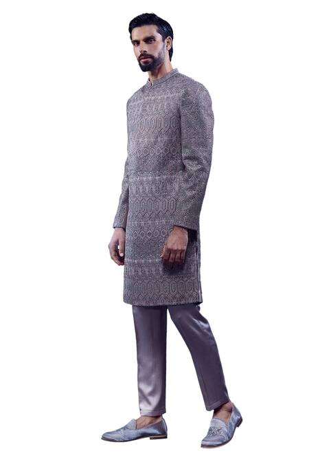 Buy_Rohit Gandhi + Rahul Khanna_Grey Viscose Dupion Embroidery Bead Geometric Sherwani Set _Online_at_Aza_Fashions