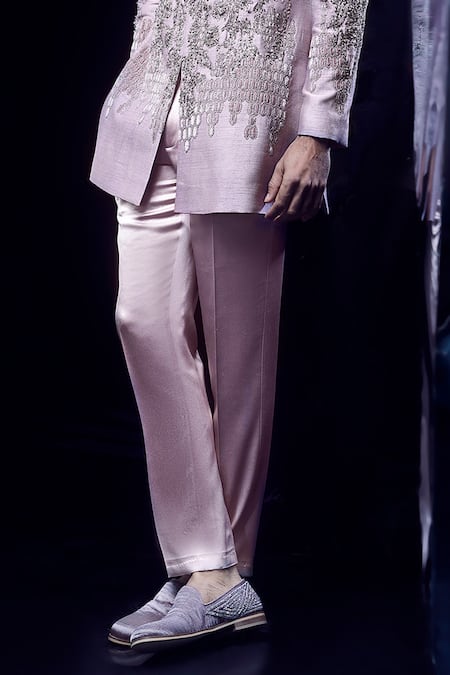Rohit Gandhi + Rahul Khanna_Pink Viscose Dupion Embroidery Bead Textured Sherwani Set _Online_at_Aza_Fashions