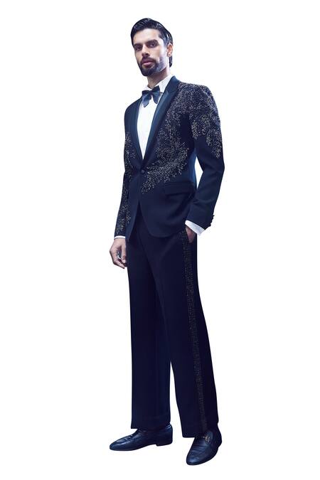 Rohit Gandhi + Rahul Khanna_Black Crepe Embellished Sequin Alcove Tuxedo Set _Online_at_Aza_Fashions