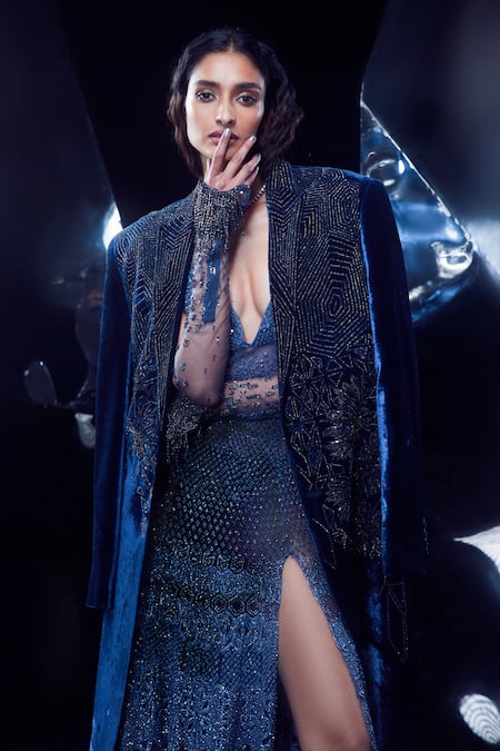 Rohit Gandhi + Rahul Khanna Helix Metallic Embroidered Gown With Jacket 