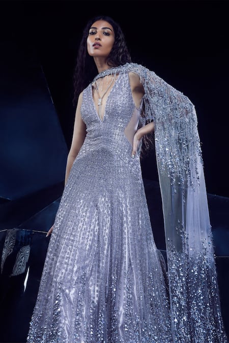 Rohit Gandhi + Rahul Khanna Carme Geometric Embroidered Gown With Cape 